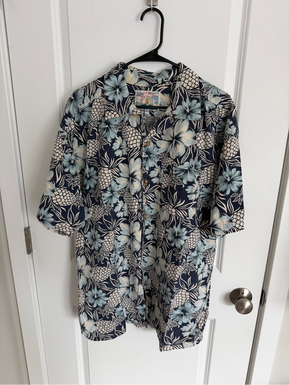 Men's Navy Floral Hawaiian Button-Down Shirt with Light Blue Print